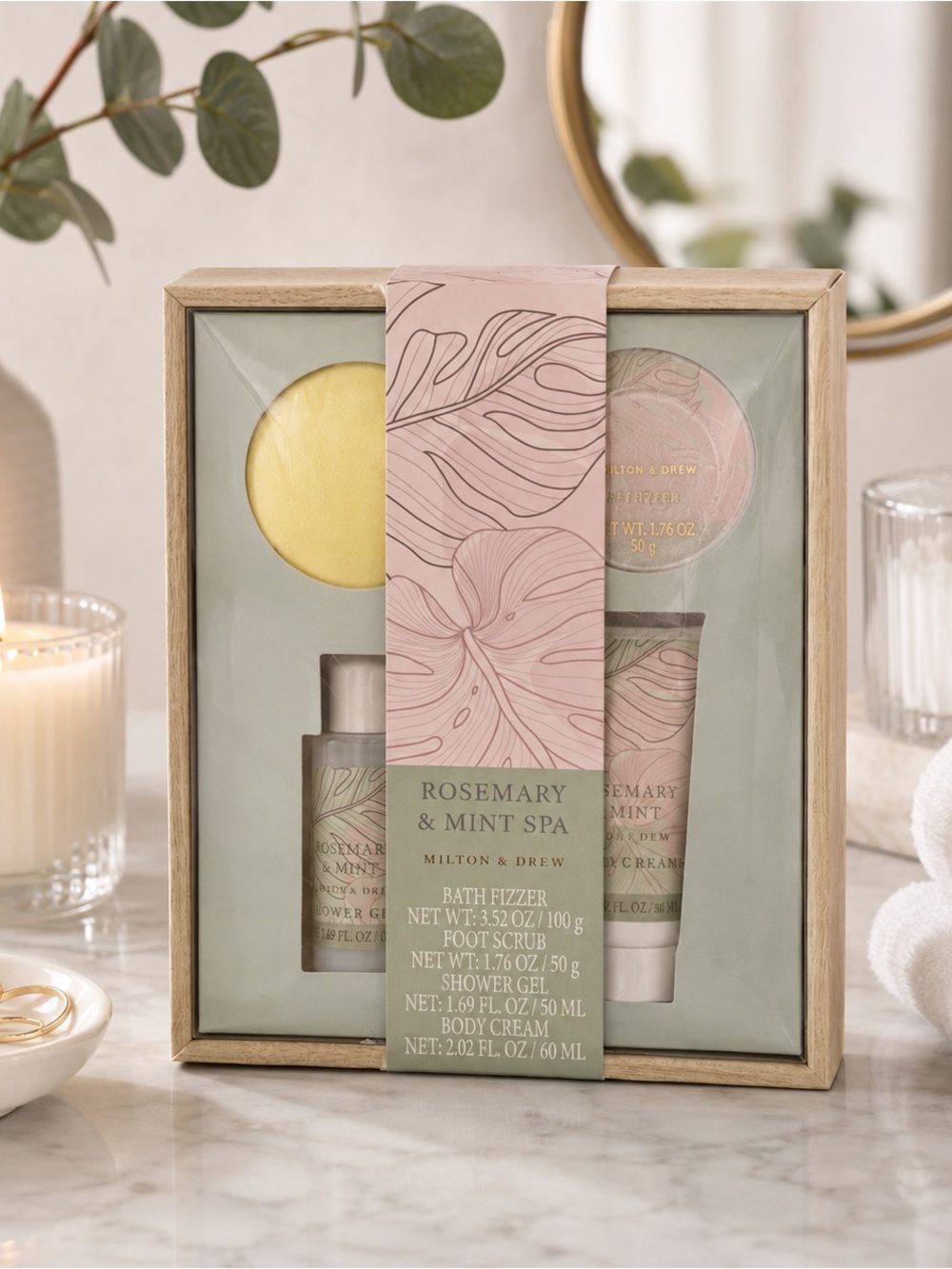 Milton & Drew Rosemary & Mint Spa Gift Set | Wooden Case Bath & Body Bundle